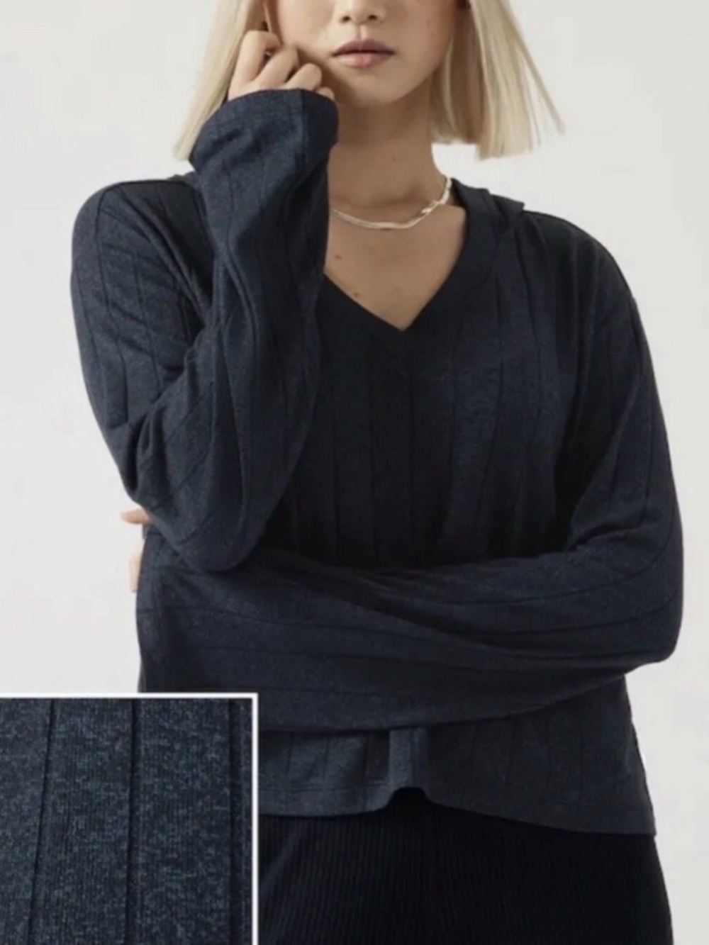 Athleta Harmony Pose V-Neck Ribbed Hoodie Navy